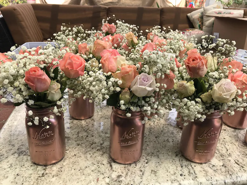 Rose Gold Mason Jar Centerpieces on a Budget