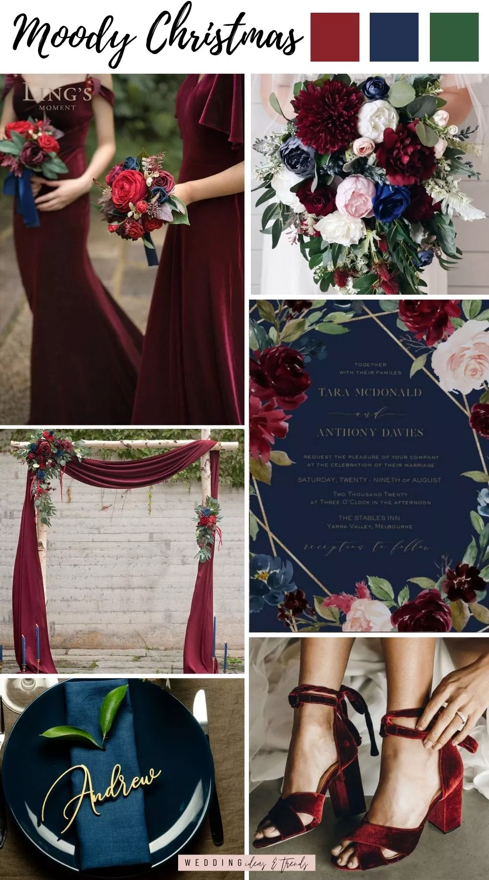 Moody Christmas Wedding Color Palettes - Burgundy, Navy Blue & Dark Green