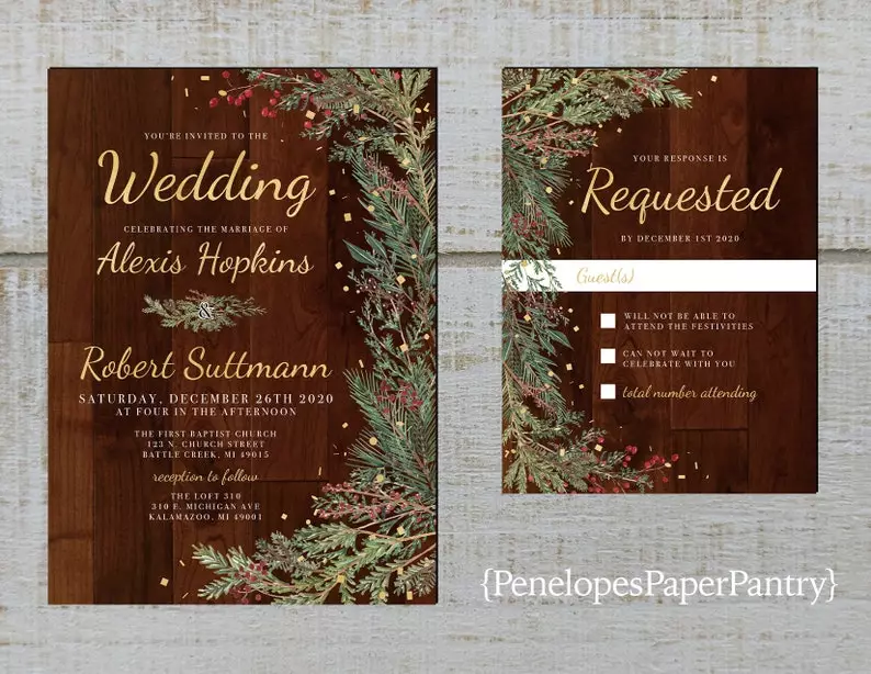 Evergreen Branch and Gold Print  Invitations