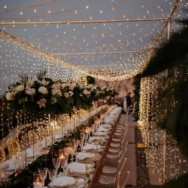 Intimate Backyard Wedding inexpensive LED Fairy Lighting romntic dinner set