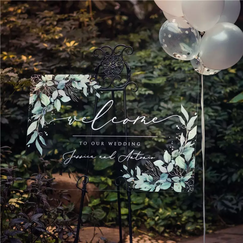 Greenery Leaf Clear Acrylic Wedding Welcome Signs