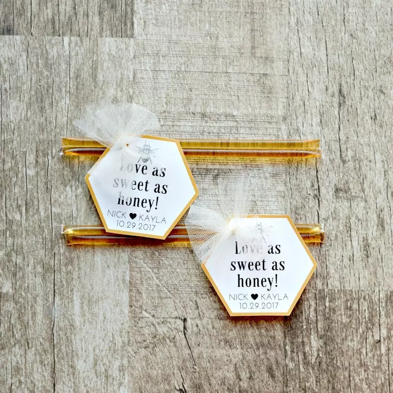 honey sticks with custom tags Inexpensive Spring Wedding Favors Under 2$