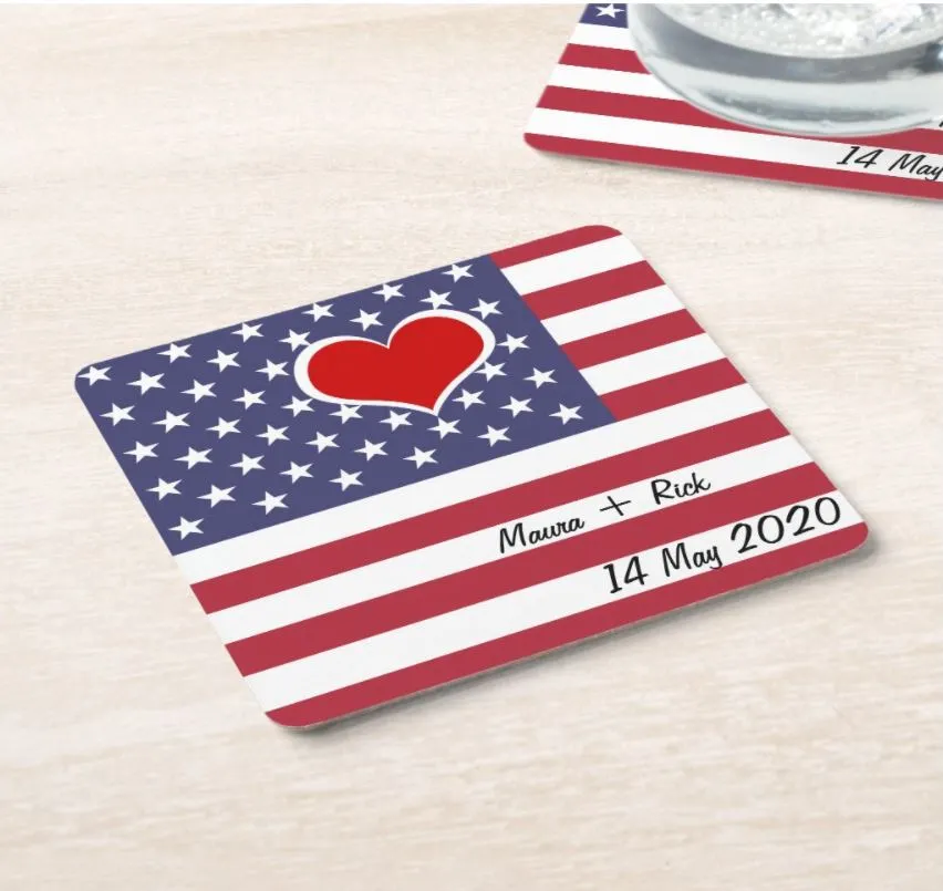 personalized American flag paper coaster  Red White and Blue 4th of July Wedding Favors