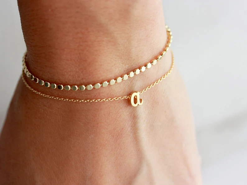 Will You Be My Bridesmaid initial bracelet, and dot chain bracelet