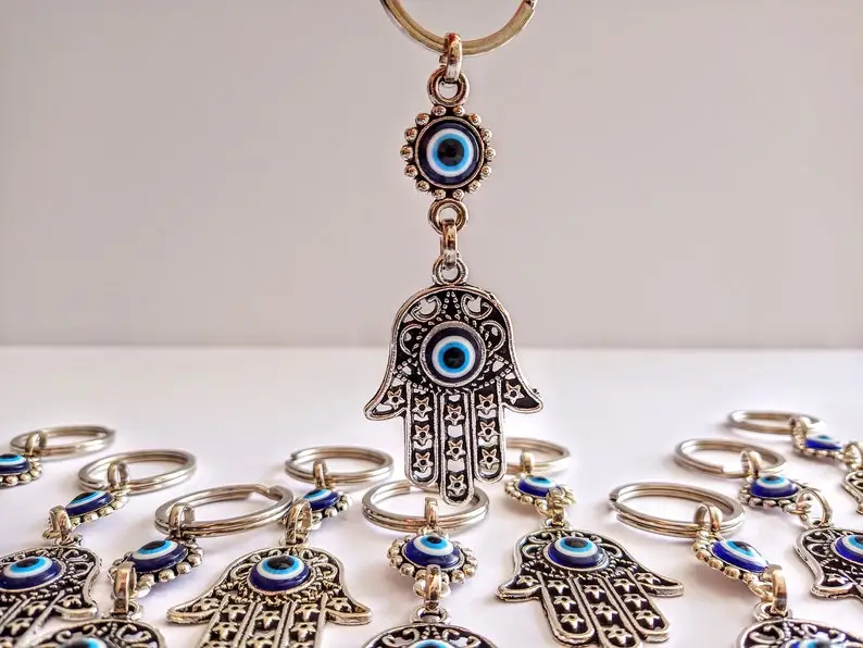 silver hamsa evil eye key chain - Best Jewish Wedding Favor Ideas Your Guests will Love