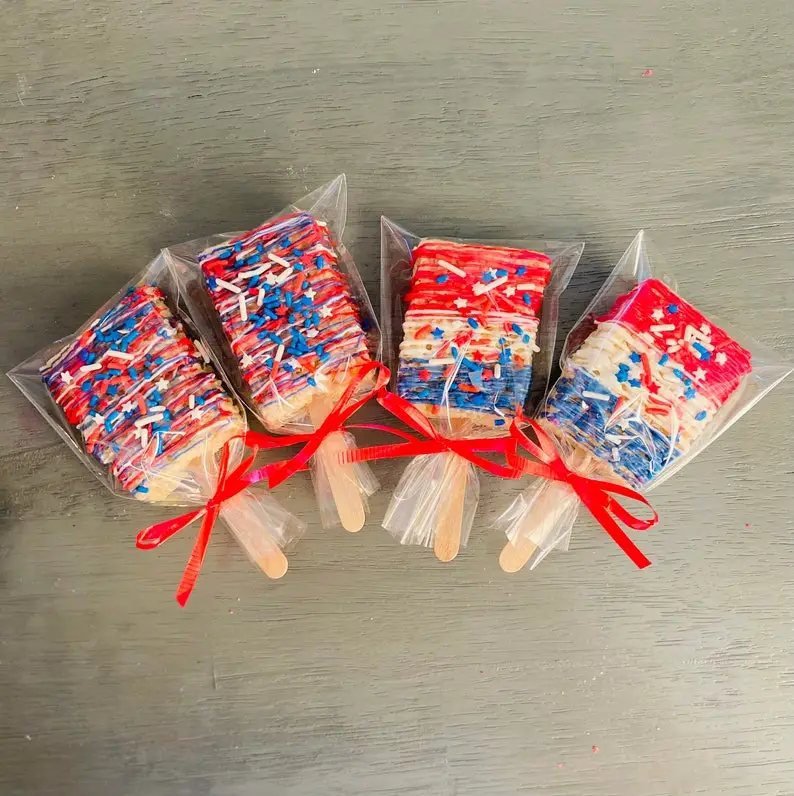 Patriotic Rice Crispy Pops - Red White and Blue 4th of July Wedding Favors