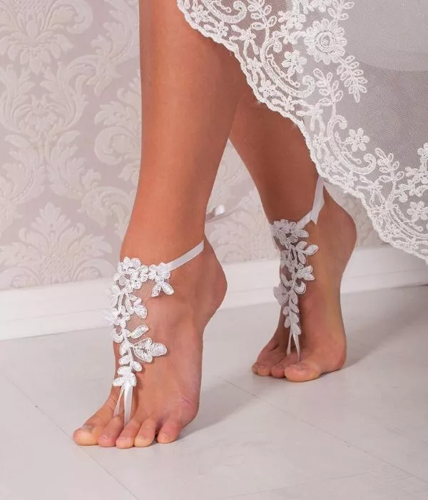 Boho Beach Wedding Shoes, Delicate Lace and Satin Ribbon Footless Sandals