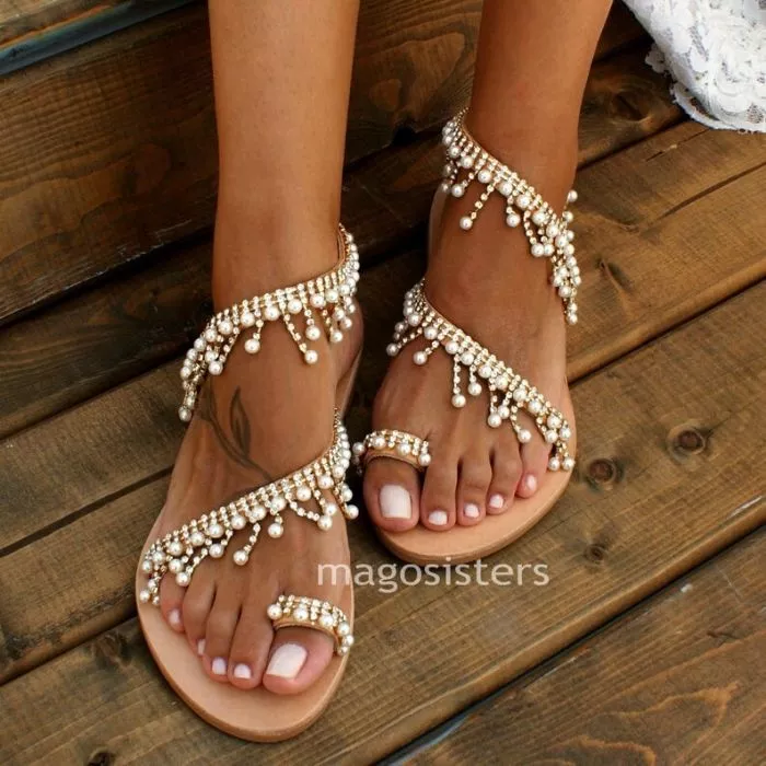 Boho Beach Wedding Shoes, Greek Lather Wedding Sandals - Pearls and Sparkling Crystals