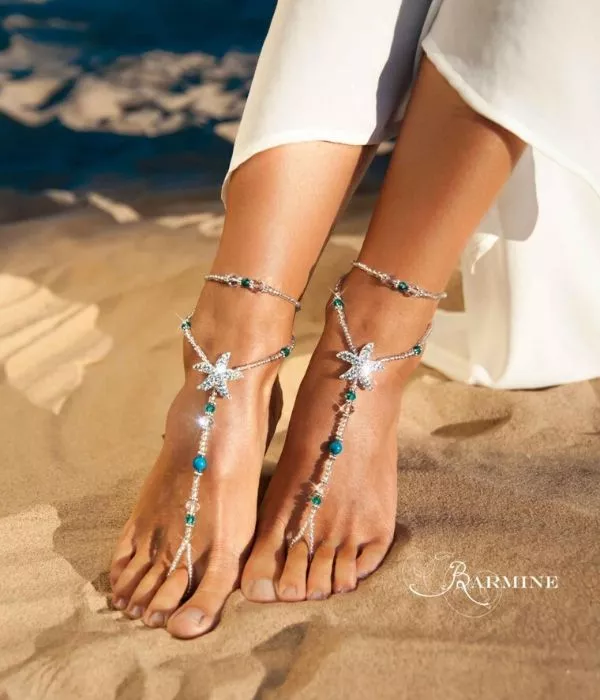 Silver Rhinestone Starfish & Turquoise Gemstones, Boho Beach Wedding Shoes
