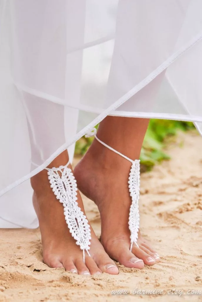 White Crochet Cotton Boho Bridal Beach Barefoot Sandals