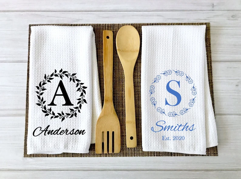Personalized Tea Towel with Family Name Monogram Luxury Wedding Favors For An Elegant Wedding 