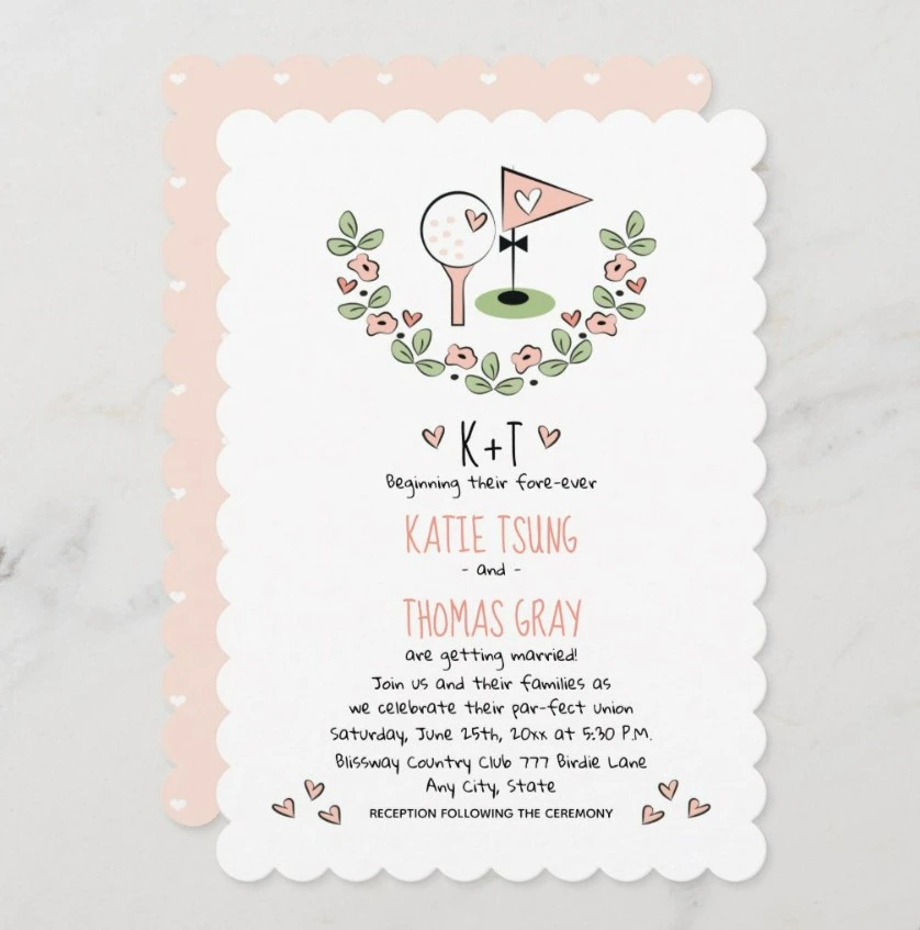 Pink Golf Themed Floral and Hearts Wedding Invitation